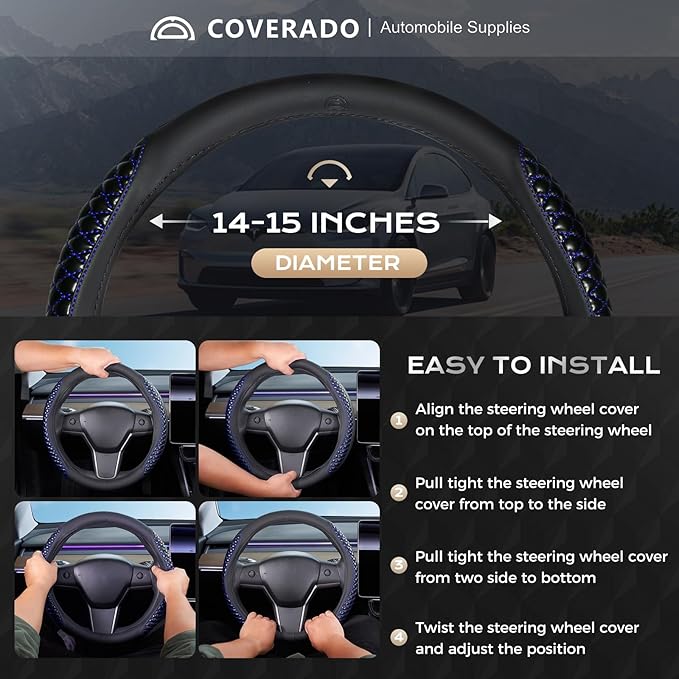 Coverado Car Steering Wheel Cover, Nappa Leather Black & Blueline Steering Wheel Covers, Universal 14-15 inch, Anti-Slip, Breathable Steering Wheel Protector for Women Men