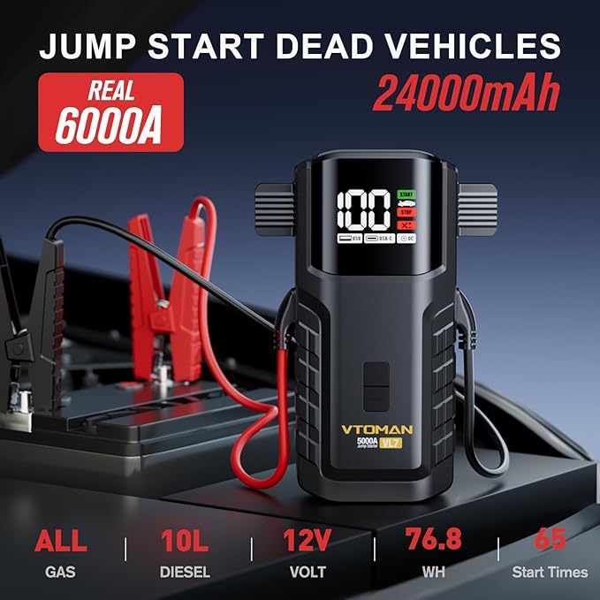 VTOMAN VL7 6000A Jump Starter Upgraded with LiFePO4 Battery,24000mAh Portable Car Battery Booster (All Gas/10L Diesel),12V Jump Box Power Pack with USB-A,Type-C & DC Output,LED Light,EVA Bag
