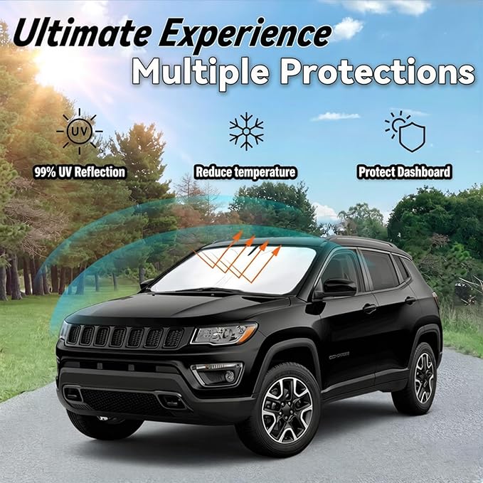 Windshield Sun Shade for Jeep Compass 2017-2025, Car Front Window Sunshade with 240T Sun Visor Protector Blocks UV Rays Heat Sun Shield Accessories