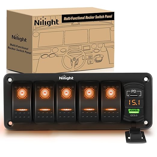 Nilight 5 Gang Rocker Switch Panel with PD Type C and USB Charger Voltmeter 12V SPST ON Off Toggle Switches w/Orange Backlit Waterproof Aluminum for Boats Cars RVs Trucks