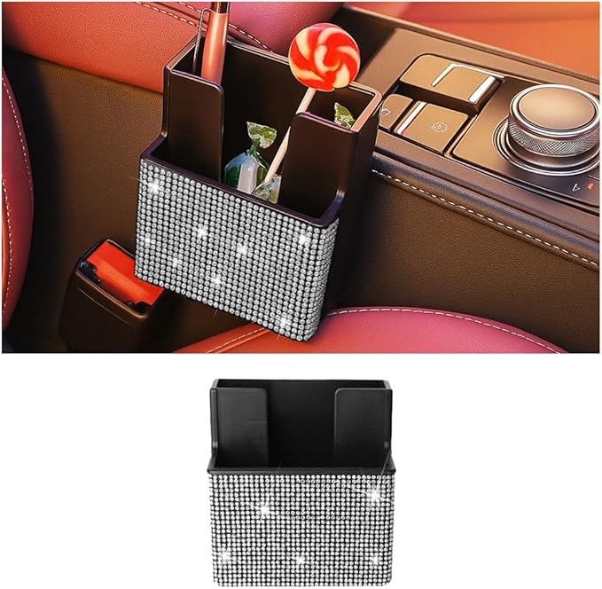 Bling Car Seat Side Organizer, Crystal Rhinestone Vehicle Storage Bag Holder for Pen Phone Document, Diamond Sparkling Automotive Organization Box Accessories, Universal Fit (White)