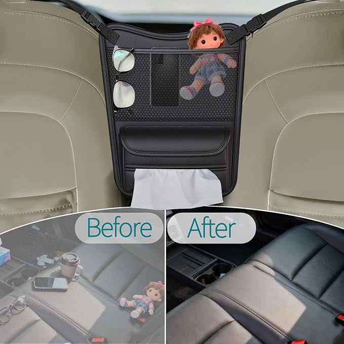 Car Back Seat Organizer with Double-Sided Storage & Tissue Holder - Universal Fit for Sedans, SUVs & Trucks - Durable Car Storage Pocket for Phones, Water Bottles & Essentials