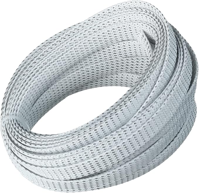 Aicosineg 32.8ft PET Flexible Braided Cable Sleeve 0.47inch Width Wire Loom Sleeving and Organizer Flexible Wire Mesh Sleeve for TV Audio PC Cords from Pets Chewing Silver