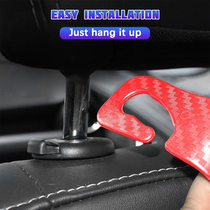 Car Seat Headrest Hooks, 4PCS Carbon Fiber Vehicle Back Seat Storage Hanger Holder for Hangbag Coat Grocery, Automotive Interior Headrest Hook Organizer, Universal for Vehicles (Red)