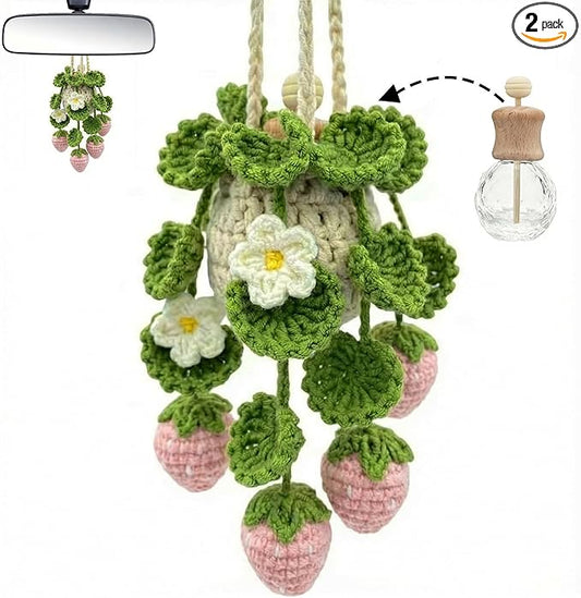 Crochet Car Air Freshener Hanging, Cute Hanging Plant for Cars, Crochet Strawberry Plant with 10ml Empty Refillable Oil Diffuser Bottle, Handmade Boho Car Ornament Charms for Rear View Mirror, Pink