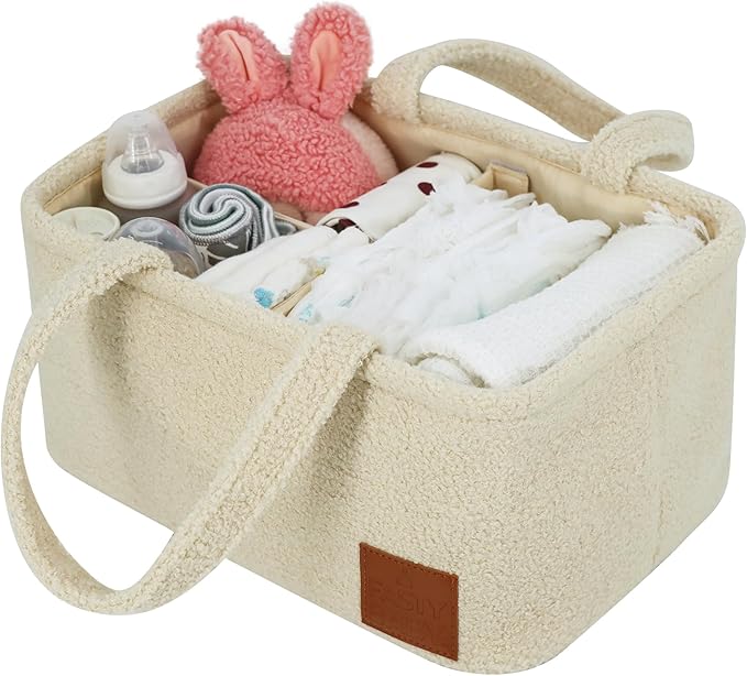 Baby Diaper Caddy Organizer: Soft Beige Teddy Wool - Portable Diaper Caddy, Car Organizer - Newborn Essentials Must Have - Nursery Storage Basket for Baby Essentials. Baby shower & Newborn Gift Idea