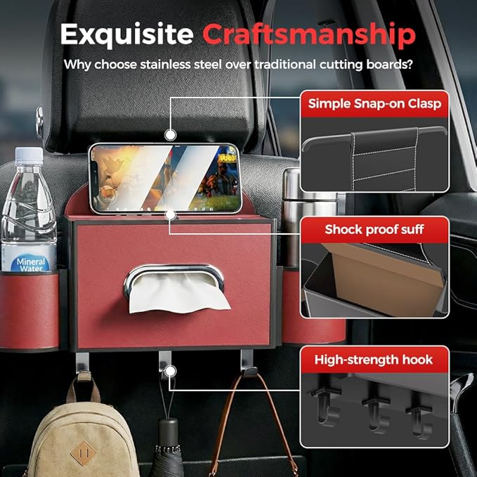 Back Seat Car Organizer,3 in 1 Car Backseat Storage Box with Cup Holder,Tissue Box,Trash Bin&Hooks,Multifunctional Waterproof Storage for Hold Phones Snacks Drinks Handbags (1, A-Coffee)