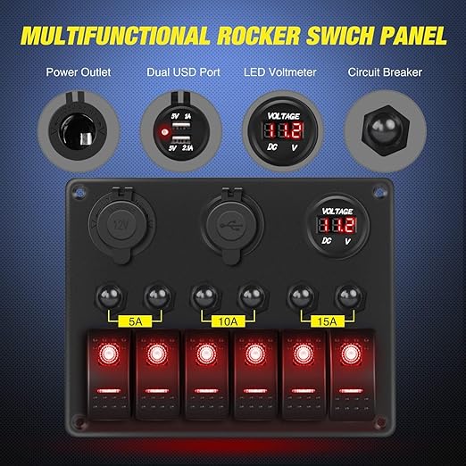 Nilight 6 Gang ON Off Rocker Switch Panel Red Backlit 12V 24V LED Digital Voltmeter 3.1A Dual USB Charger Cigarette Lighter Socket Overload Protection for Cars RVs Boats (90122F)