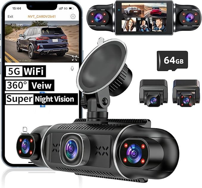 5 Channel 360° Dash Cam for Cars, 2160P/1080P UHD, Super Night Vision with IR LEDs, Built-in 5G WiFi, G-Sensor, 24H Parking Monitoring, 64GB TF Card Included, 3" Screen