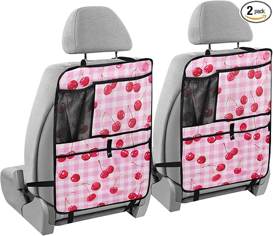 2 Pack Back Seat Car Organizer with Storage Pockets Kick Mats Back Seat Protector Hanging Car Organizer Automotive Seat Back Cover Organizers Pink Juicy Checkered Cherry