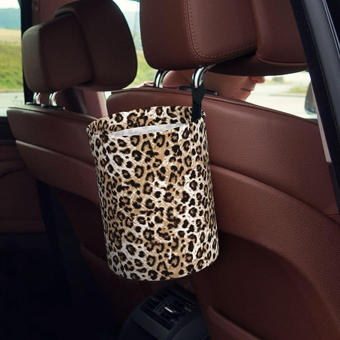 Car Trash Can Leopard Pattern Multipurpose Collapsible Leakproof Trash Bin Car Accessories for Car Automotive Truck SUV