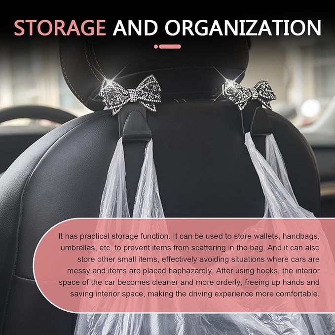 2 PCS Bling Bow Car Seat Headrest Hooks, S Type Crystal Seat Back Hangers, Universal Vehicle Storage Organizer for Handbag, Purse, Coat, Grocery Bags (Black)