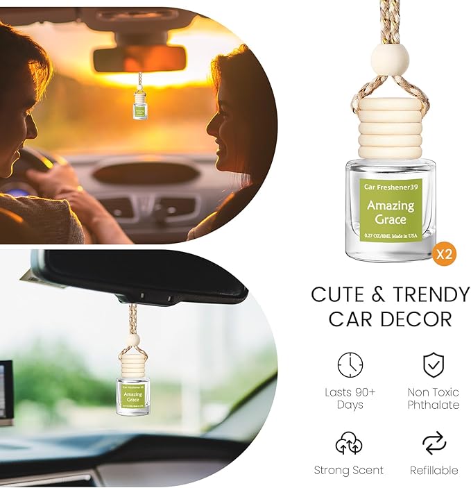 Hanging Car Air Freshener, Long Lasting Essential Oil Diffuser, Non-Toxic New Car Scent, Cute Car Fresheners for Women, 2 Pack Made in USA