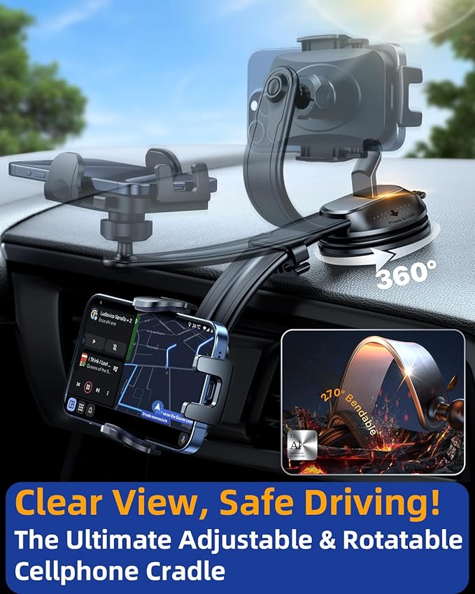 YRU [2026 Ultimate Car Phone Holder Mount [Bendable & Adjustable Aluminum Arm] Cell Phone Holder for Car Dashboard Windshield Phone Stand for iPhone 17 16 15 14 Pro Max Samsung Pickup Truck, Rose Red
