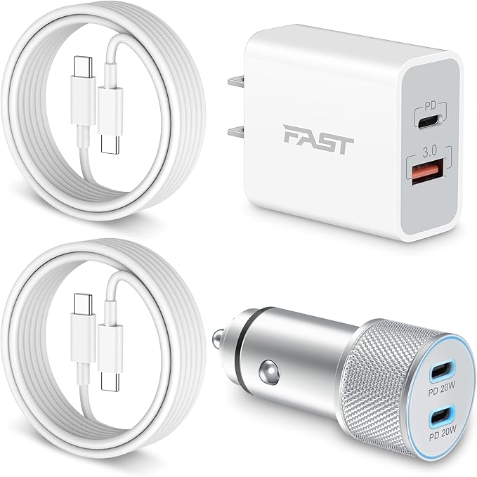 iPhone 17/17 Pro Max/17e Car Charger Fast Charging, 40W USB C Car Charger Cigarette Lighter + 20W USB C Charger Block + 2x6FT Cable for iPhone 17e/17/17 Pro/Air/16e/16/15 Pro Max/Plus, iPad, AirPods
