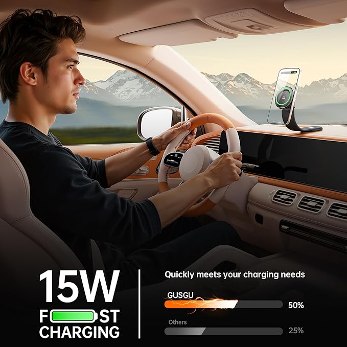 GUSGU Mount3 Magnetic Car Phone Holder Charger, 15W Fast Charging for Magsafe Car Mount Charger, Universal for All Car Models, Compatible with iPhone 16/15/14/13/12 and All Other Phone Models.