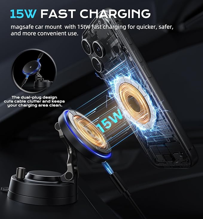 OANDYS for MagSafe Car Mount Charger, 15W Fast Wireless Charging Magnetic Car Phone Holder, 360°Rotatable & Foldable Metal Stand, Strong N52 Magnet for iPhone 17–12 Series & Mag Safe Case