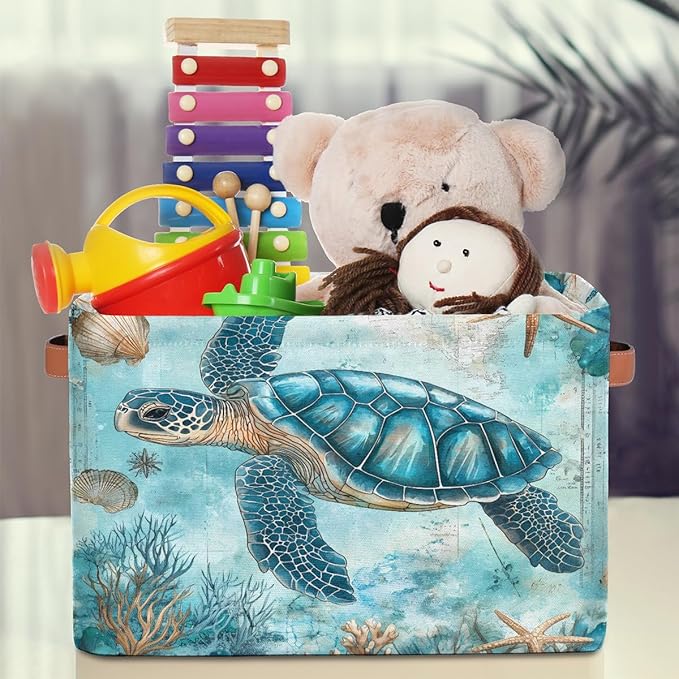 Turquoise Turtle Storage Baskets for Organizing, Fabric Collapsible Storage Bins Box Ocean Seashell Decorative Toy Organizer Baskets for Closet Shelves Gift Basket 1 Pc