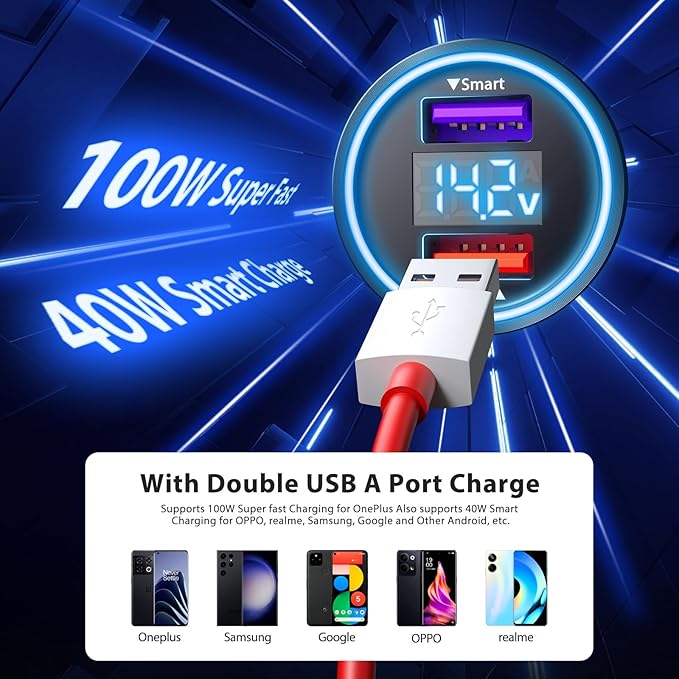 Car Charger for SuperVooc 100W 80W for OnePlus 13 15 13R 12R 12 11 10 Pro, 65W Charger for OnePlus Nord N30 N100 Open Pad 9 Pro 8 7T 6T 6 LED Display Dual USB Car Charge Adapter 3.3FT Fast Cable