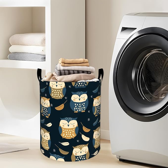 Cute Owl with Feathers Stars Pattern Laundry Basket with Handles, 19.7"x15.7" Clothes Foldable Laundry Hamper Organizer for Dorm Nursery Bedroom Bathroom Decor, Toy Storage Bin for Kids
