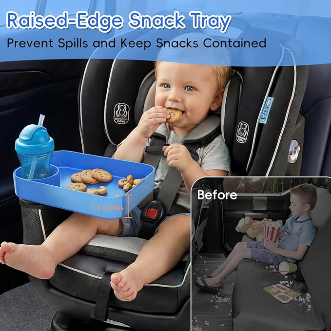 Kids Car Seat Tray, Travel Tray with Cup Holder for Toddler Baby, Kids Car Seat Food Snack Organizer for Road Trip, Stroller Snack Organizer Travel Must Haves Toddler Must Haves (Blue, 2 Packs)