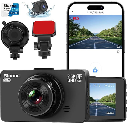 Dash Cam Front and Rear Dash Camera WiFi/APP Control Car Camera with 64G Card 2.5K Front Dash Cam+1080P Rear Dashcams with Super Night Vision, Loop Recording, G-Sensor