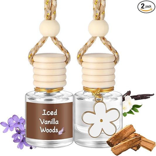 Siifert 2 Sets Hanging Car Air Freshener and Essential Oil Diffuser, Car Air Freshener Daisy Essential Oil Diffuser Long Lasting Automobile Aromatherapy(White,Iced Vanilla Woods)