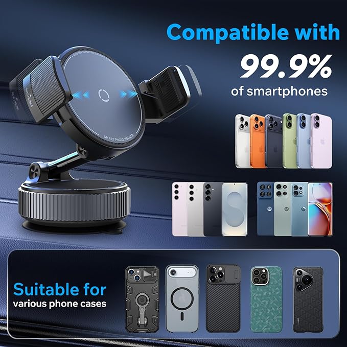 Upgraded 360° Nano Gel Vacuum Phone Holder for Dashboard Reinforced Suction Cup (Ultra-Strong Suction), Cell Phone Holders for Your Car/Gym/Mirror Car Phone Mount for iPhone & Android Phones
