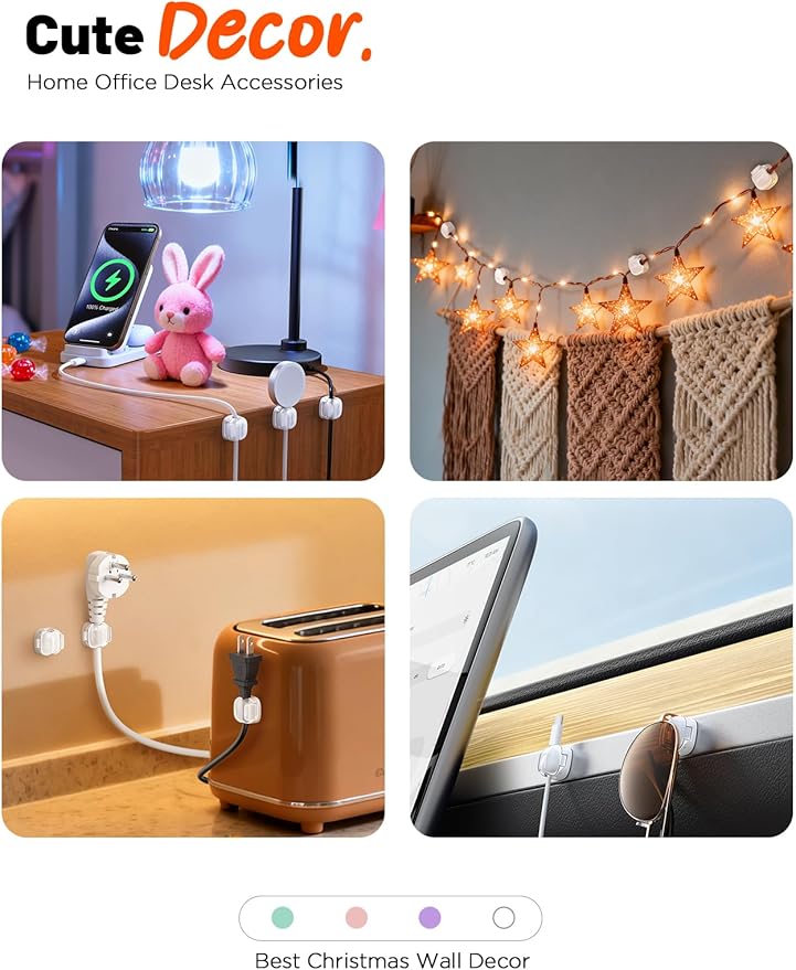 Cable Clips,12Pack Cord Holder Cord Organizer [1s Lock & Strongest Adhesive] Spring Cord Clips Phone Charger Wire Desk Cable Management Nightstand Home Office School Decor Women Cute Desk White