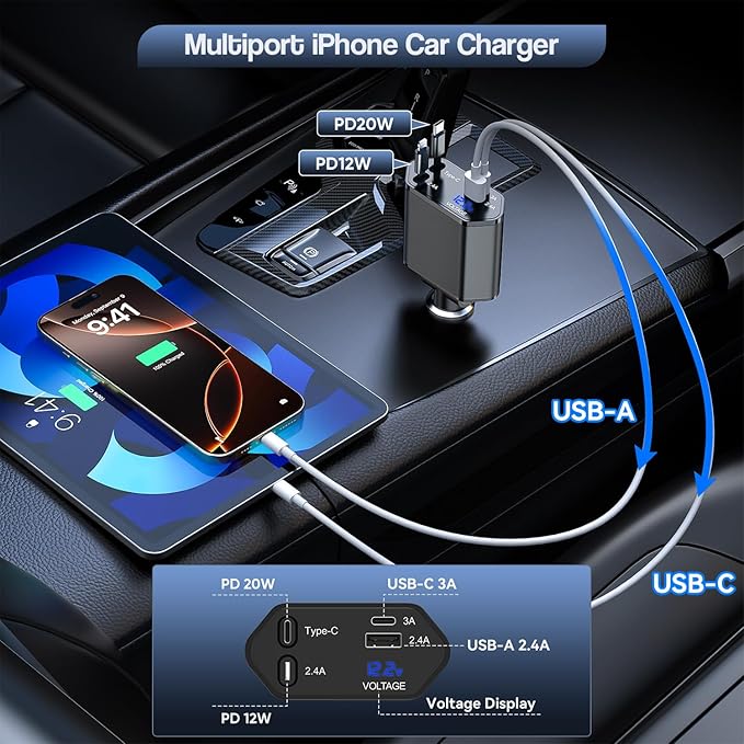 Retractable iPhone Car Charger, 4 in 1 66W Car Charger Fast Charging 2 Retractable Cable(PD & Lightning) and 2Port (USBC & USB A) Apple Car Charging Cigarette Lighter Adapter for iPhone 16/15/14/13/12