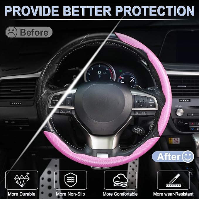 Amiss 3pcs Carbon Fiber Anti-Skid Steering Wheel Cover, Waterproof & Segmented Butterfly Design, Universal 99% Vehicle Wheel Cover Protector, Car Interior Accessories (Pink-3pcs)