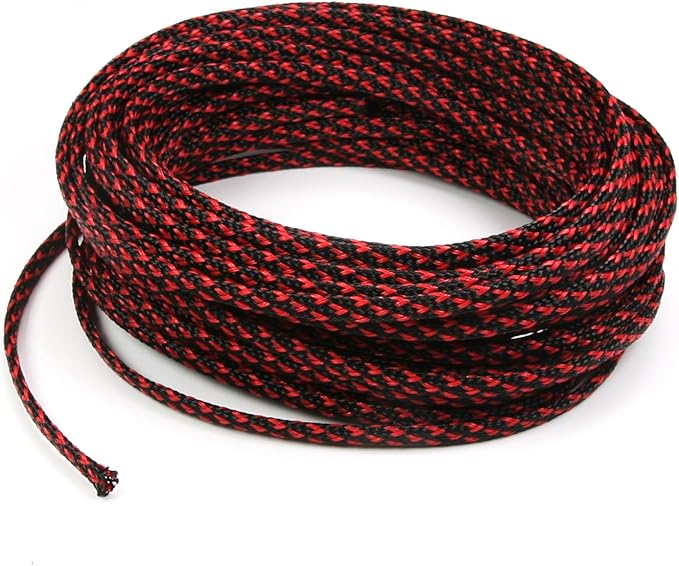 Aicosineg 32.81ft PET Flexible Braided Cable Sleeve 0.16inch Width Wire Loom Sleeving and Organizer Flexible Wire Mesh Sleeve Wrap Protector for TV Audio PC Cords from Pets Chewing Black and Red