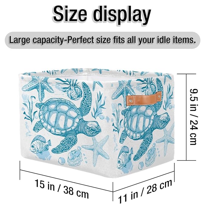 Sea Turtle Storage Baskets for Organizing, Fabric Collapsible Storage Bins Box Ocean Animal Fish Decorative Toy Organizer Baskets for Closet Shelves Gift Basket 2Pcs