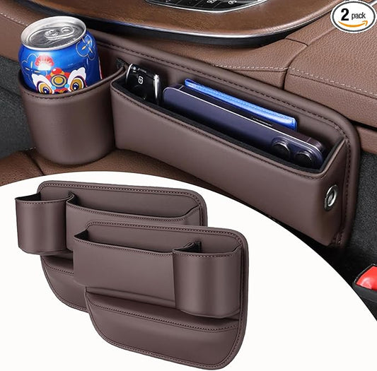 Car Leather Cup Holder Gap Bag, Car Seat Gap Filler Organizer with Cup Holder, Car Storage Organizer Front Seat, Suitable of Cars (2 Pack Brown)