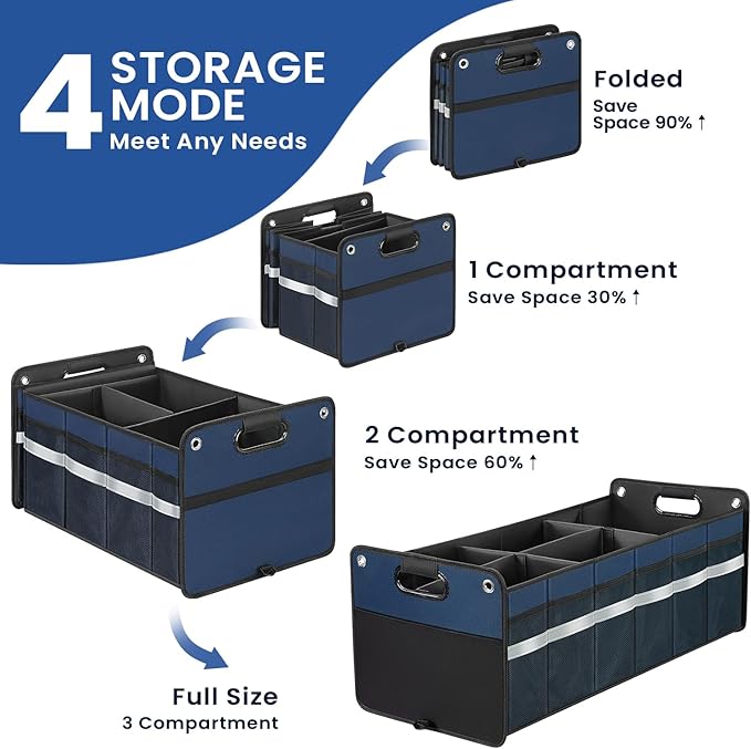 Car Trunk Organizer, Car Storage Organizer, Collapsible Multi Compartment for Car, Suv, Sedan, Truck, 100L, Extra Larger (Blue, 100L)
