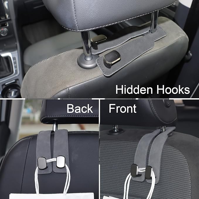 Purse and Bag Hook for Car, Zinc Alloy Seat Headrest Hooks, Upgraded Leather Car Seat Back Purses Hanger and Bags Holder (Grey, 2Pack)