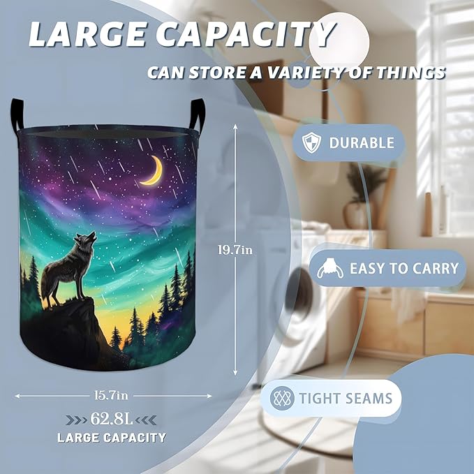 Mystic Wolf Moon Starry Sky Laundry Basket with Handles, 19.7"x15.7" Clothes Foldable Laundry Hamper Organizer for Dorm Nursery Bedroom Bathroom Decor, Toy Storage Bin for Kids