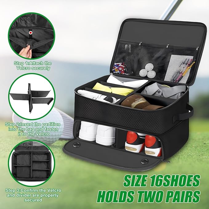 Golf Trunk Organizer Storage with Separate Compartment for 2 Pair Shoes Up to US Mens 16,2 Layer Golf Trunk Organizer,Waterproof Car Trunk Locker for Balls, Tees,Gifts for Golfers