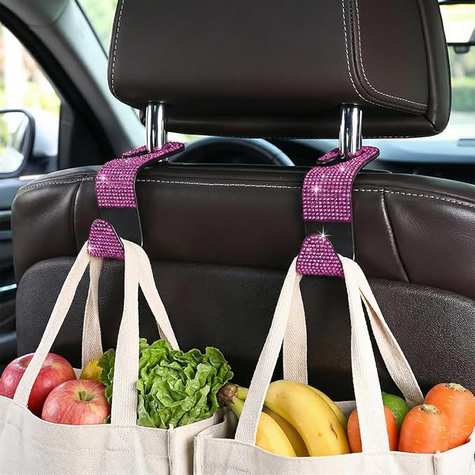 4PCS Bling Car Seat Headrest Hooks, Crystal Rhinestone Vehicle Purse Handbag Coat Hangers Holder, Automotive Interior Storage Organizer Accessories for Women Girls, Universal Fit (Pink)