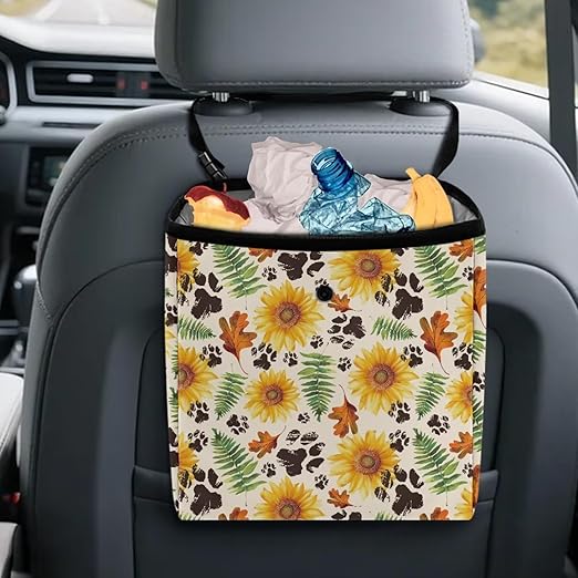Sunflower Maple Leaf Paws Print Car Trash Can Cute Leakproof Car Garbage Bag Hanging Trash Bin Automotive Garbage Cans for Back/Front Seat/Console Car Accessories