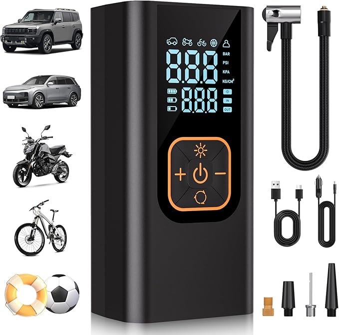180PSI Tire Inflator Portable Air Compressor, 6X Faster Air Pump for Car Tires with Digital Pressure Gauge, 12V DC Adapter, LED Light, Portable Tire Inflator for Car, Motorcycle, Bike,Silver