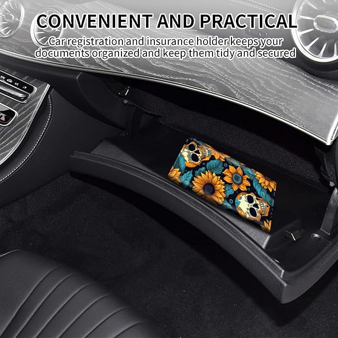 Car Registration and Insurance Card Holder, Vehicle License Documents Glove Box Compartment Organizer Wallet, ID Card Holder for Car Essentials Automobile, Skull And Sunflowers