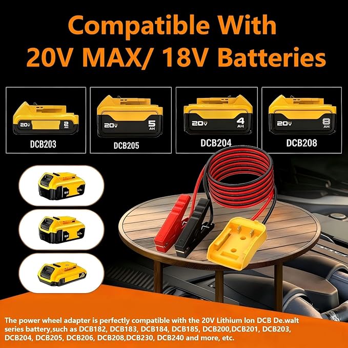 2FT Jumper Cables for Car with Adapter, Silicone Wire 8AWG Alligator Clip car Jumper Starter Jumper Cable, Used for Jumper Starting of car or Tool Batteries, Compatible with DE.Walt 20V Batteries.