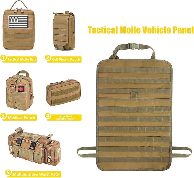 Jimikay Tactical Car Seat Back Organizer Hanger Bag with 5 Detachable Molle Pouch Vehicle Molle Panel Organizer Storage Bag Universal for for most car models (Khaki)
