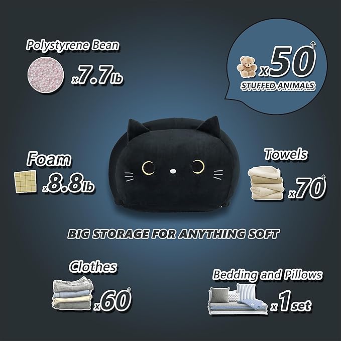 Stuffed Animal Storage Bean Bag Chair Cover for Kids Black Cat Beanbag Chair for Girls Large Size Toy Organizer Cover Only Without Filling
