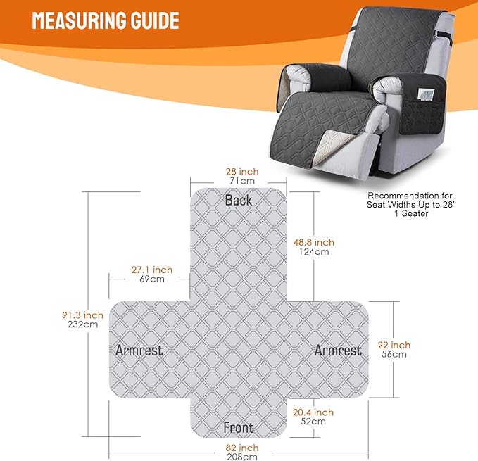 VANSOFY 100% Waterproof Recliner Chair Covers, Recliner Cover Non-Slip Dog Chair Cover Furniture Protector Washable Slipcover with Pocket, Elastic Straps for Pets, Dogs(Charcoal Gray, 28")