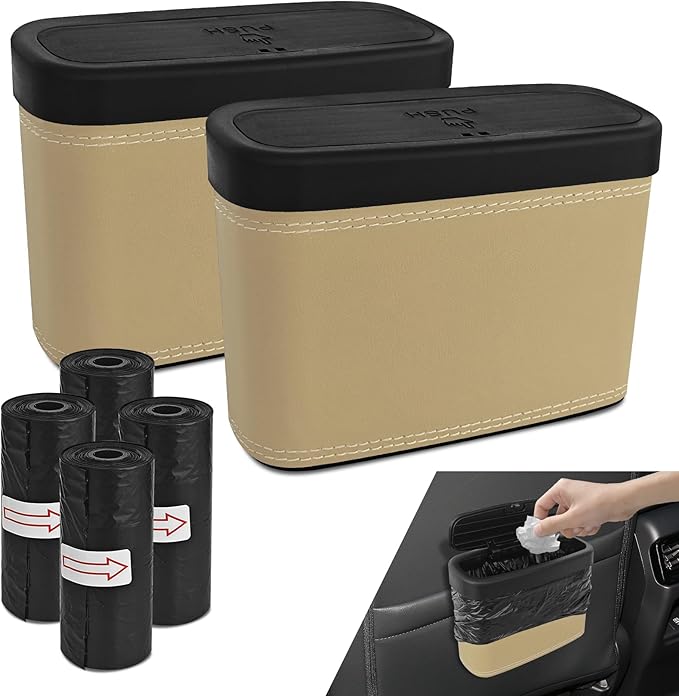 2PCS Car Trash Can with Lid, Press-Top Car Trash Bin with 30PCS Cars Trashs Bags, Small Automotive Dustbin Garbage Container Universal Fit Most Cars Office Home (2pcs-Beige)