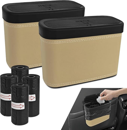 2PCS Car Trash Can with Lid, Press-Top Car Trash Bin with 30PCS Cars Trashs Bags, Small Automotive Dustbin Garbage Container Universal Fit Most Cars Office Home (2pcs-Beige)