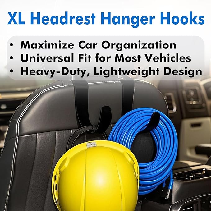 Travel Depot XL Hard Hat Holder for Truck Seat – Heavy-Duty Headrest Hooks, Hardhat Buddy Hanger & Seat Back Organizer for Hard Hats, Bags & Gear, Truck Accessory Organizer, 4-Pack