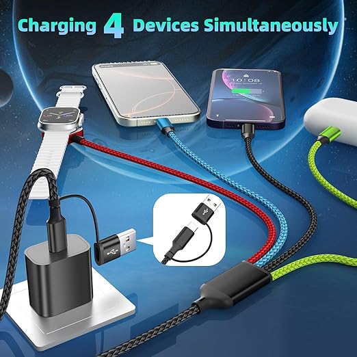 4-in-2 Multi Charging Cable with iWatch Charger, 2Pack 5FT Nylon Braided Charging Cords, USB C/USB A Phone Charger Cord for iPhone 17-5, iPad, Galaxy S25-S21, Travel/Car/Home Use